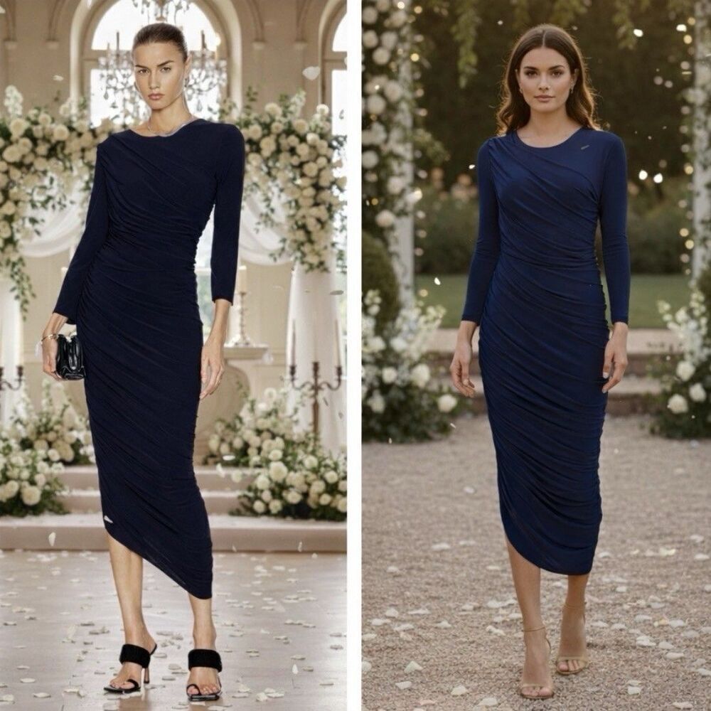 Norma Kamali Diana Gown Long Sleeve Midi Ruched Navy Dress Ruched NEW XL Revolve - Picture 2 of 11